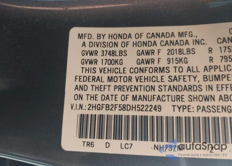 2013 Honda Civic Lx z USA, uszkodzony, nr VIN 2HGFB2F58DH522249